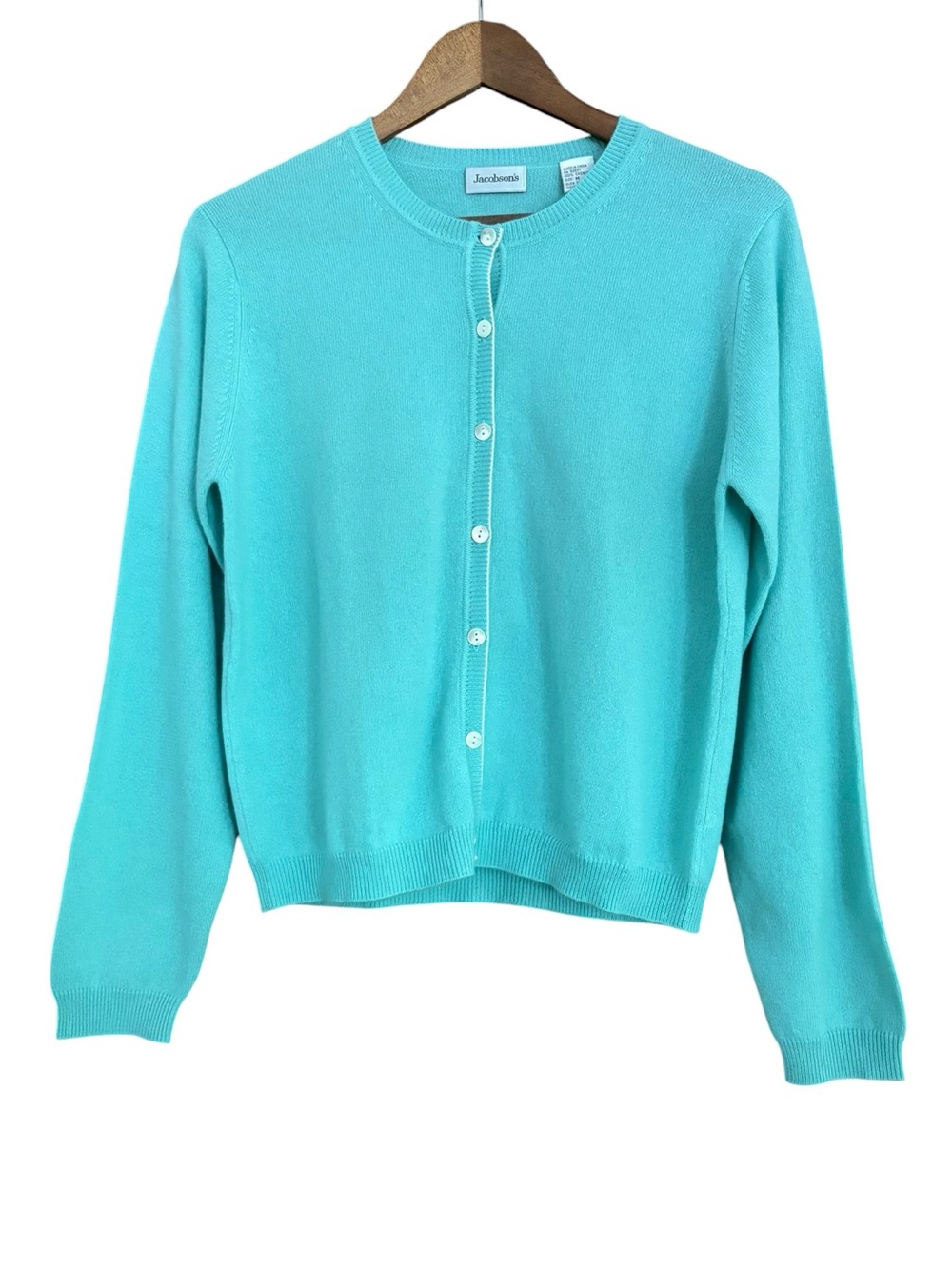 Jacobson's 100% Cashmere Crewneck Cardigan Sweater Aqua Turquoise Blue M - Picture 2 of 8